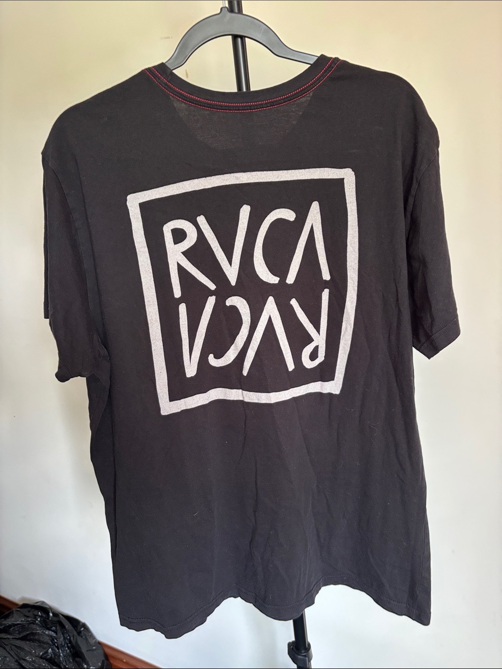 RVCA Black Tee with White Logo and Red Shoulder Stitching - Picture 3 of 4